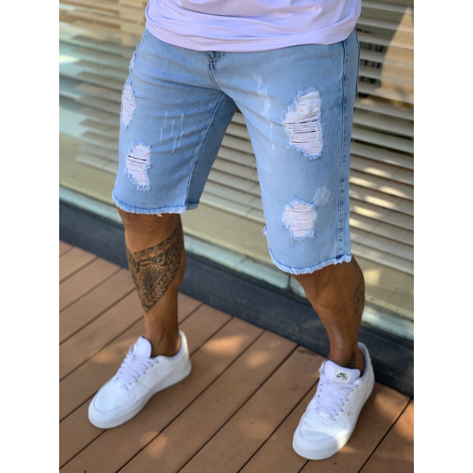 Bermuda Jeans Masculina Rasgada Destroyed Moda Verão